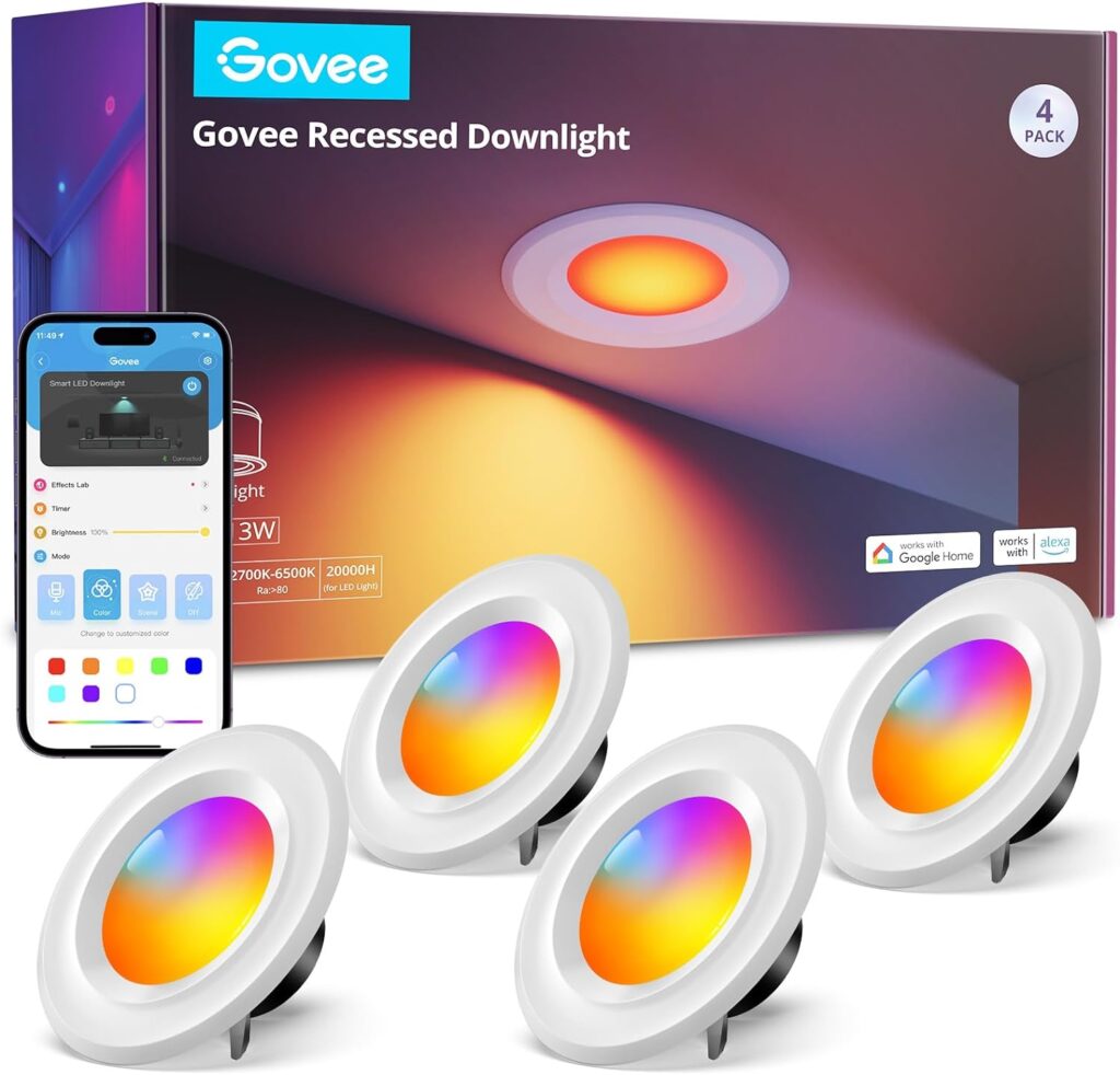 Govee Smart Retrofit Recessed Lighting 6 Inch, Wi-Fi Bluetooth Direct Connect RGBWW Retrofit Can Lights, 65 Scene Modes, Works with Alexa  Google Assistant, 1000 Lumens, 4 Pack