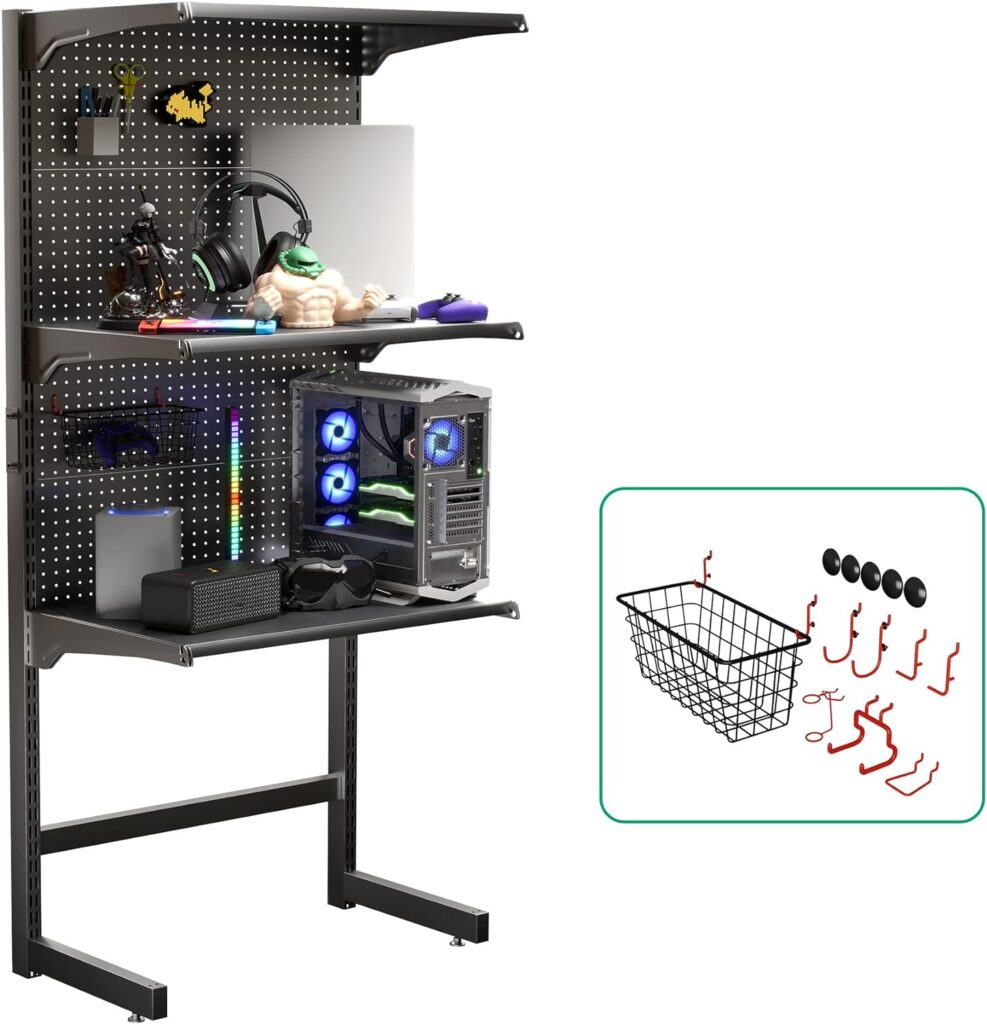 JWX DDB Gaming Standing Shelf Units, 30‘’ Home Office cabinets with Metal Pegboard and 15 Pieces Organizer Tool Holders